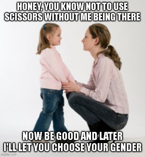 parenting raising children girl asking mommy why discipline Demo | HONEY, YOU KNOW NOT TO USE SCISSORS WITHOUT ME BEING THERE; NOW BE GOOD AND LATER I'LL LET YOU CHOOSE YOUR GENDER | image tagged in parenting raising children girl asking mommy why discipline demo | made w/ Imgflip meme maker