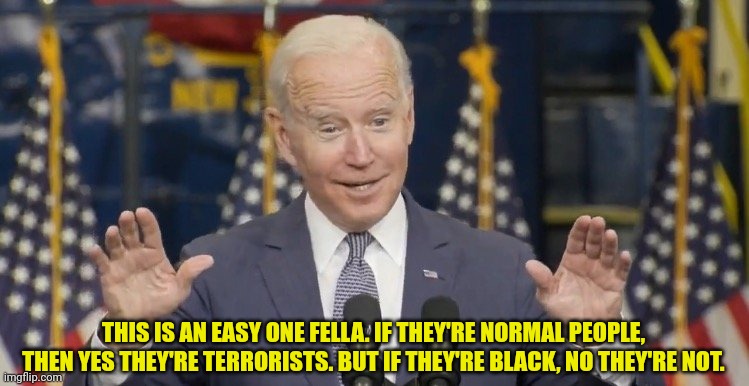 Cocky joe biden | THIS IS AN EASY ONE FELLA. IF THEY'RE NORMAL PEOPLE, THEN YES THEY'RE TERRORISTS. BUT IF THEY'RE BLACK, NO THEY'RE NOT. | image tagged in cocky joe biden | made w/ Imgflip meme maker