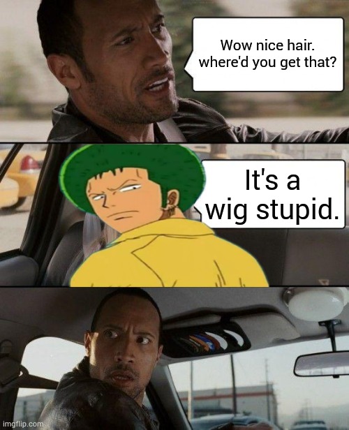 Wow nice wig | Wow nice hair. where'd you get that? It's a wig stupid. | image tagged in memes,the rock driving | made w/ Imgflip meme maker