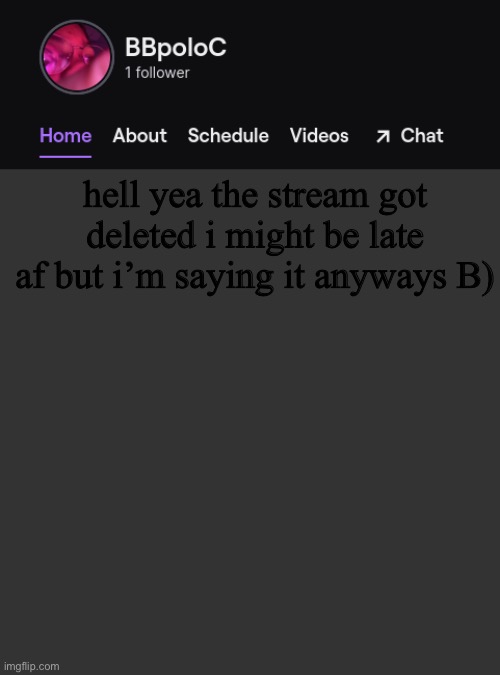 Twitch template | hell yea the stream got deleted i might be late af but i’m saying it anyways B) | image tagged in twitch template | made w/ Imgflip meme maker