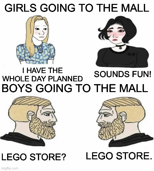 Lego store. | GIRLS GOING TO THE MALL; SOUNDS FUN! I HAVE THE WHOLE DAY PLANNED; BOYS GOING TO THE MALL; LEGO STORE? LEGO STORE. | image tagged in memes | made w/ Imgflip meme maker