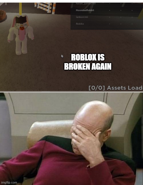 dont worry guys if you lost your data this is why |  ROBLOX IS BROKEN AGAIN | image tagged in memes,captain picard facepalm,roblox why,roblox,imagine having a multi billionaire company,and having potato servers | made w/ Imgflip meme maker