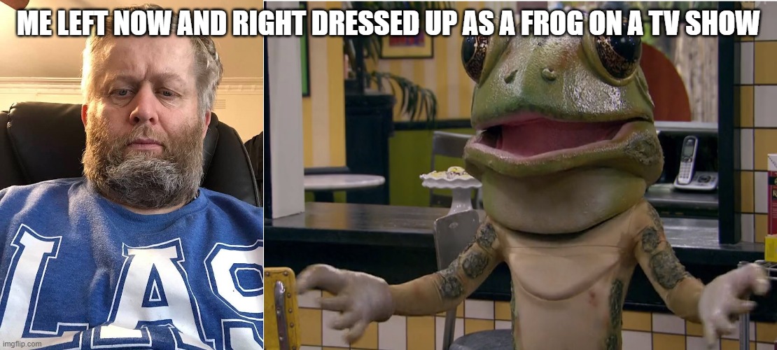 Andrew Taylor then and Andrew Taylor the frog | ME LEFT NOW AND RIGHT DRESSED UP AS A FROG ON A TV SHOW | image tagged in andrew taylor then and andrew taylor the frog | made w/ Imgflip meme maker