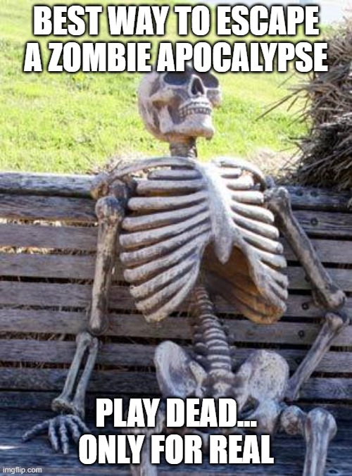 Waiting Skeleton | BEST WAY TO ESCAPE A ZOMBIE APOCALYPSE; PLAY DEAD... ONLY FOR REAL | image tagged in memes,waiting skeleton | made w/ Imgflip meme maker