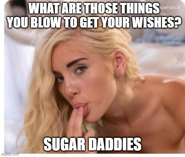 Sounds About Right | WHAT ARE THOSE THINGS YOU BLOW TO GET YOUR WISHES? SUGAR DADDIES | image tagged in porn finger | made w/ Imgflip meme maker