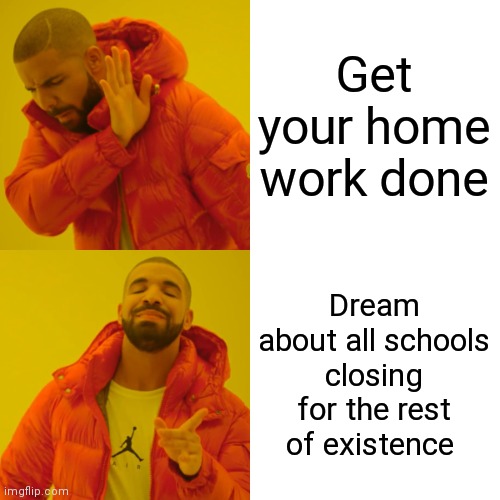 Drake Hotline Bling Meme | Get your home work done; Dream about all schools closing for the rest of existence | image tagged in memes,drake hotline bling | made w/ Imgflip meme maker