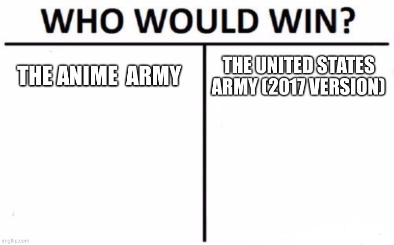 Who would win  | THE ANIME  ARMY; THE UNITED STATES ARMY (2017 VERSION) | image tagged in memes,who would win | made w/ Imgflip meme maker