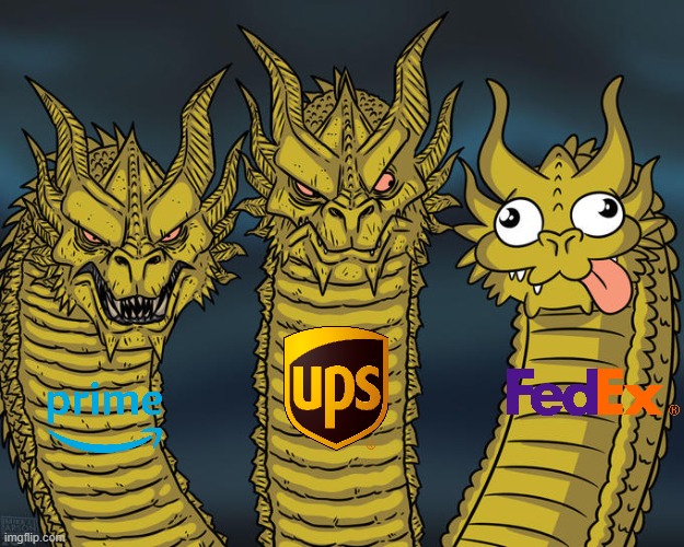 Three-headed Dragon | image tagged in three-headed dragon,amazon,ups,fedex,memes | made w/ Imgflip meme maker