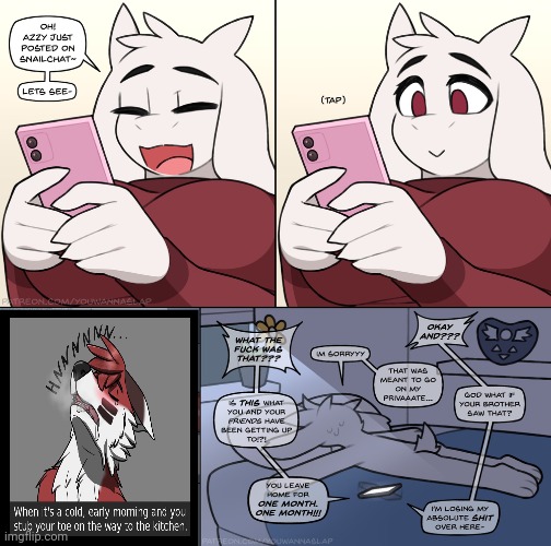 Btw the temp is from e621 | image tagged in toriel sees weird stuff on asriel's snailchat | made w/ Imgflip meme maker