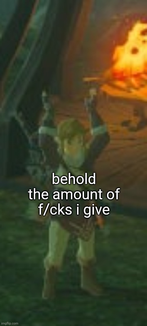 new template! image stolen from r/breathofthewild | behold the amount of f/cks i give | image tagged in link holding x | made w/ Imgflip meme maker