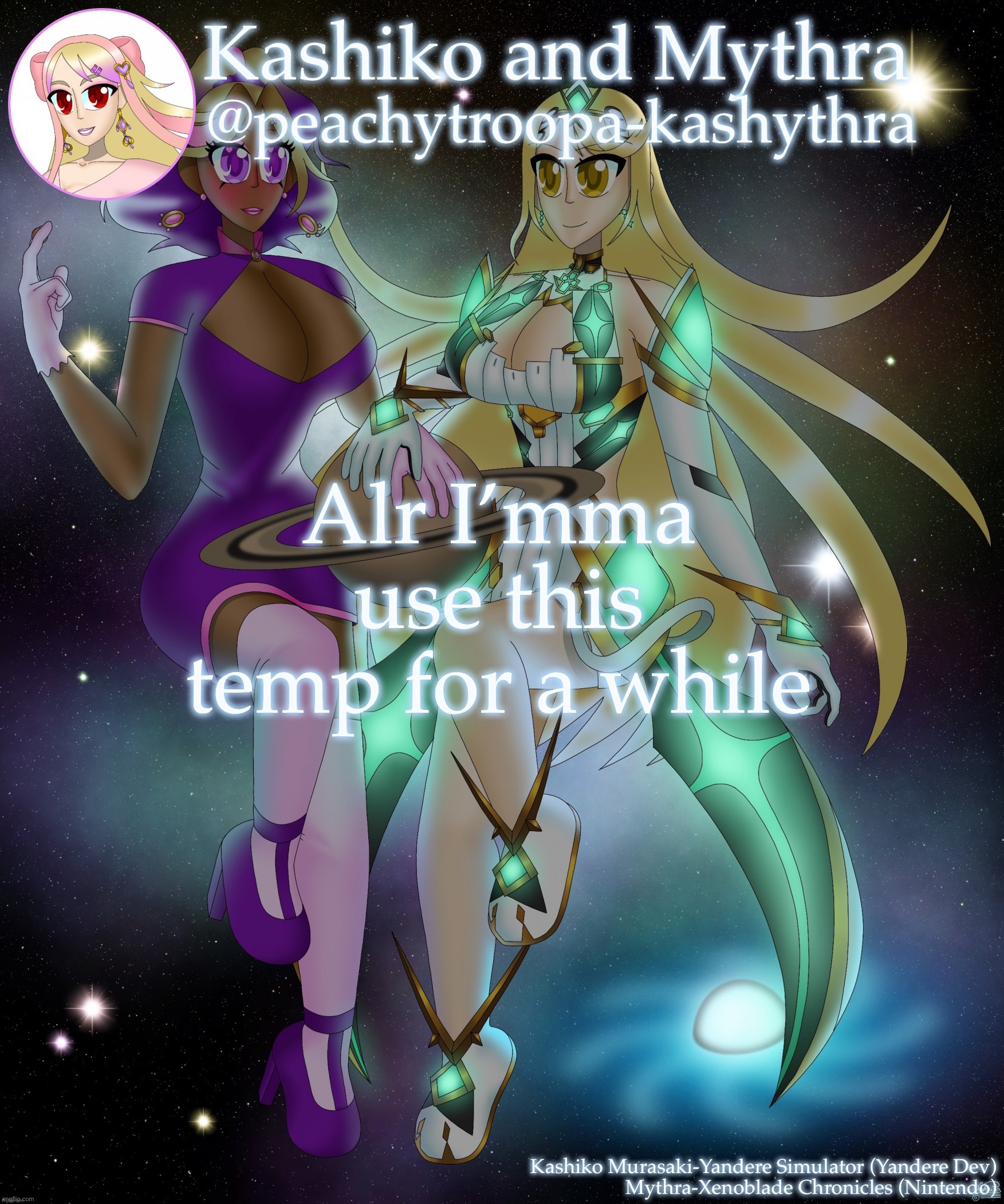 Kashiko Murasaki and Mythra | Alr I’mma use this temp for a while | image tagged in kashiko murasaki and mythra | made w/ Imgflip meme maker