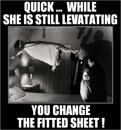The Exorcists Tackle A Tricky Task ! | QUICK ...  WHILE SHE IS STILL LEVATATING; YOU CHANGE THE FITTED SHEET ! | image tagged in the exorcist,tricky,fitted sheets | made w/ Imgflip meme maker