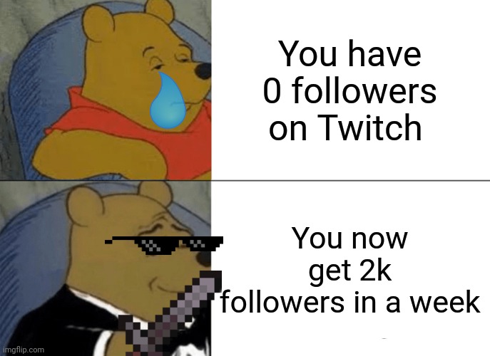 I hit 2k on twitch | You have 0 followers on Twitch; You now get 2k followers in a week | image tagged in memes,tuxedo winnie the pooh | made w/ Imgflip meme maker