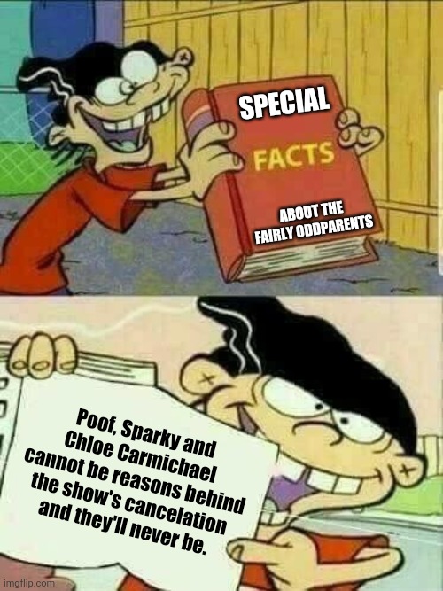 It's time to stop and forget about it | SPECIAL; ABOUT THE FAIRLY ODDPARENTS; Poof, Sparky and Chloe Carmichael cannot be reasons behind the show's cancelation and they'll never be. | image tagged in double d facts book,facts,ed edd and eddy facts,the fairly oddparents | made w/ Imgflip meme maker