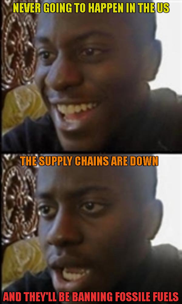 Happy Then Sad Black Guy | NEVER GOING TO HAPPEN IN THE US AND THEY'LL BE BANNING FOSSILE FUELS THE SUPPLY CHAINS ARE DOWN | image tagged in happy then sad black guy | made w/ Imgflip meme maker