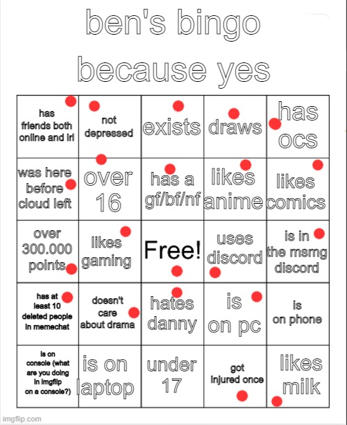 yes, I just did my own bingo | image tagged in ben's bingo | made w/ Imgflip meme maker