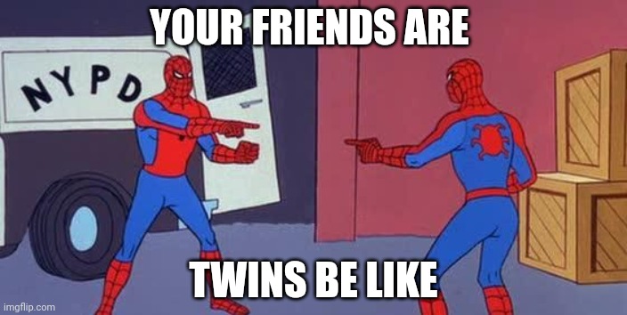 Spider Man Double | YOUR FRIENDS ARE; TWINS BE LIKE | image tagged in spider man double | made w/ Imgflip meme maker