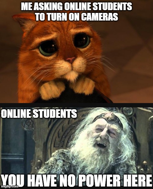 Why I hate online teaching | ME ASKING ONLINE STUDENTS
TO TURN ON CAMERAS; ONLINE STUDENTS; YOU HAVE NO POWER HERE | image tagged in puss in boots eyes,you have no power here,online school,students,teaching,cameras | made w/ Imgflip meme maker
