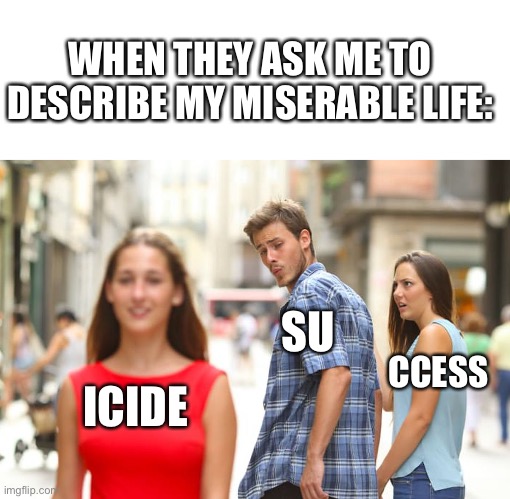 For entertainment purposes only | WHEN THEY ASK ME TO DESCRIBE MY MISERABLE LIFE:; SU; CCESS; ICIDE | image tagged in memes,blank transparent square,distracted boyfriend,funny,suicide,success kid | made w/ Imgflip meme maker