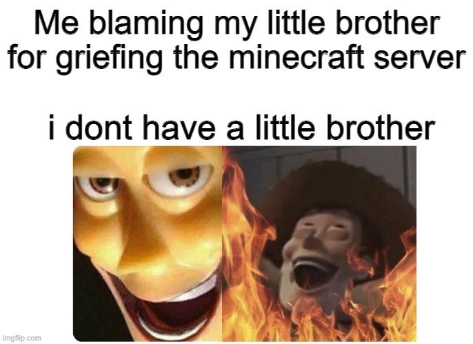 You gotta blame someone! | Me blaming my little brother for griefing the minecraft server; i dont have a little brother | image tagged in satanic woody | made w/ Imgflip meme maker