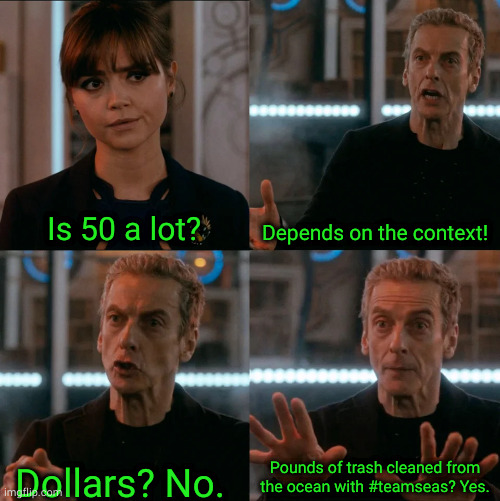 Is Four A Lot | Is 50 a lot? Depends on the context! Pounds of trash cleaned from the ocean with #teamseas? Yes. Dollars? No. | image tagged in is four a lot | made w/ Imgflip meme maker