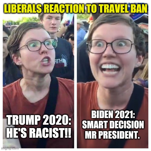 More hypocrisy from the left. | LIBERALS REACTION TO TRAVEL BAN; TRUMP 2020:
HE'S RACIST!! BIDEN 2021:
SMART DECISION MR PRESIDENT. | image tagged in social justice warrior hypocrisy | made w/ Imgflip meme maker