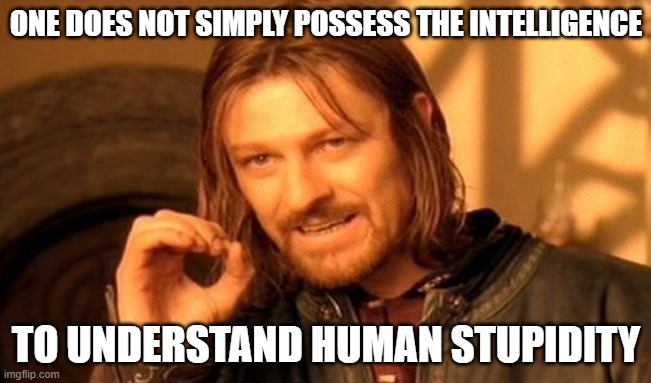 Don't Think Too Much About What People Who Don't Think Too Much Think | ONE DOES NOT SIMPLY POSSESS THE INTELLIGENCE; TO UNDERSTAND HUMAN STUPIDITY | image tagged in memes,one does not simply,intelligence,smart,stupidity,understand | made w/ Imgflip meme maker