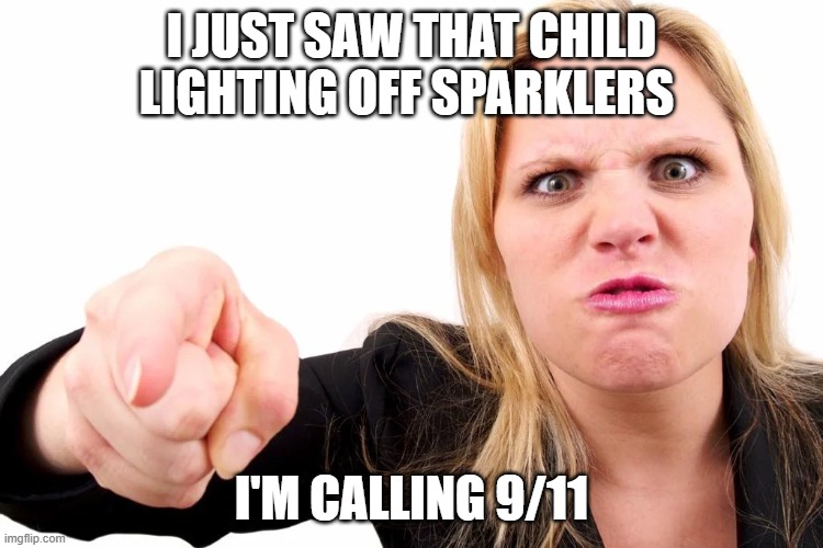 FUN DOWNER | I JUST SAW THAT CHILD LIGHTING OFF SPARKLERS; I'M CALLING 9/11 | image tagged in offended woman | made w/ Imgflip meme maker