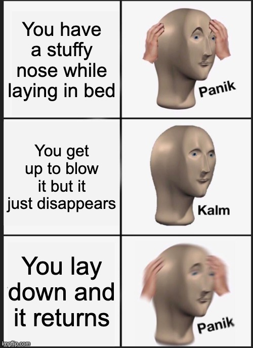 Stuffy Nose be Like | You have a stuffy nose while laying in bed; You get up to blow it but it just disappears; You lay down and it returns | image tagged in memes,panik kalm panik | made w/ Imgflip meme maker