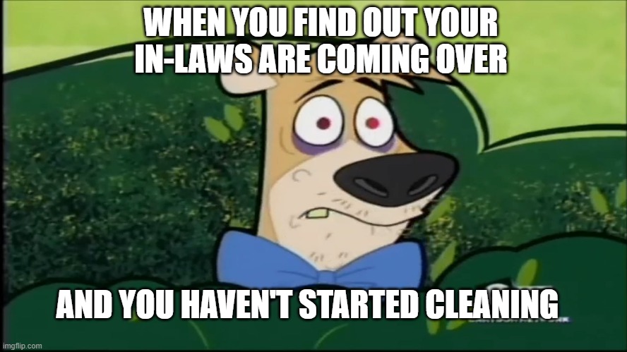 In-laws are coming | WHEN YOU FIND OUT YOUR IN-LAWS ARE COMING OVER; AND YOU HAVEN'T STARTED CLEANING | image tagged in funny meme | made w/ Imgflip meme maker