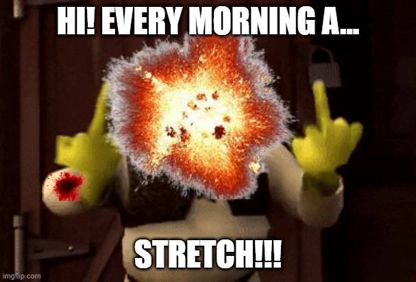 Stretching Shreck | HI! EVERY MORNING A... STRETCH!!! | image tagged in funny | made w/ Imgflip meme maker