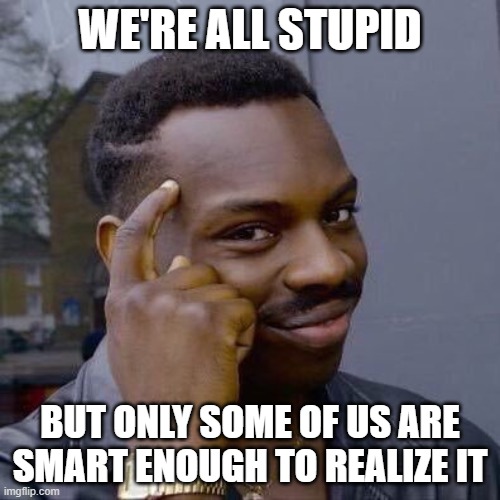 Are You Smart Enough To Realize That You Are Stupid? | WE'RE ALL STUPID; BUT ONLY SOME OF US ARE SMART ENOUGH TO REALIZE IT | image tagged in thinking black guy,smart,stupid,epistemology,dunning-kruger effect,dumb | made w/ Imgflip meme maker