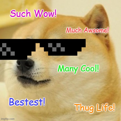 Thug Life Doge | Such Wow! Much Awsome! Many Cool! Bestest! Thug Life! | image tagged in memes,doge | made w/ Imgflip meme maker