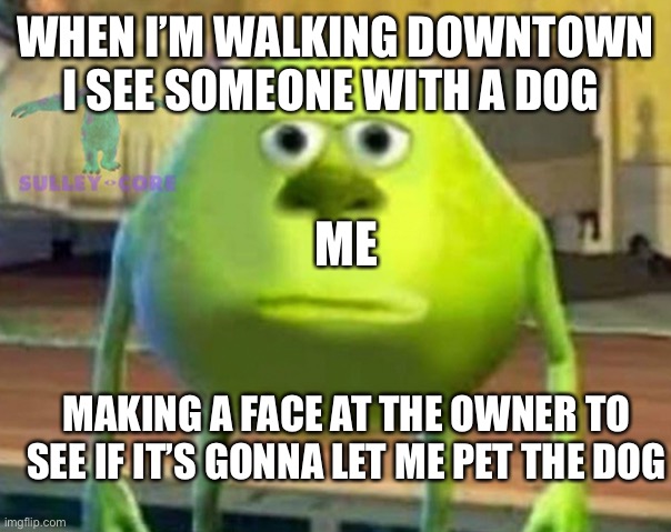 Tell me if this is a repost | WHEN I’M WALKING DOWNTOWN I SEE SOMEONE WITH A DOG; ME; MAKING A FACE AT THE OWNER TO SEE IF IT’S GONNA LET ME PET THE DOG | image tagged in monsters inc | made w/ Imgflip meme maker