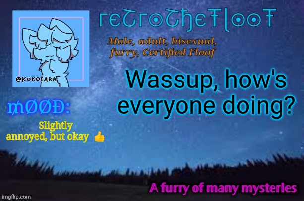 Hey | Wassup, how's everyone doing? Slightly annoyed, but okay  👍 | image tagged in retrothefloof official announcement template 2 | made w/ Imgflip meme maker