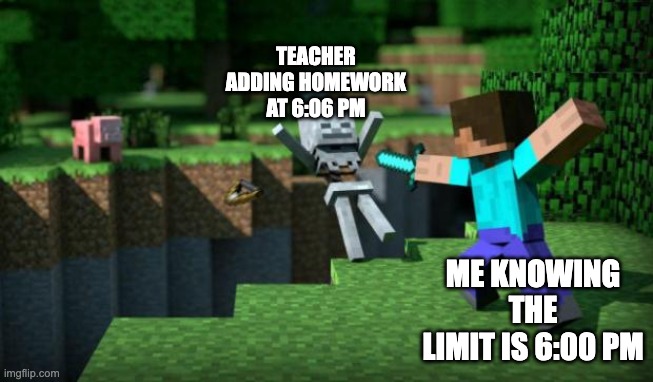 minecraft swordsman  | TEACHER ADDING HOMEWORK AT 6:06 PM; ME KNOWING THE LIMIT IS 6:00 PM | image tagged in minecraft swordsman | made w/ Imgflip meme maker