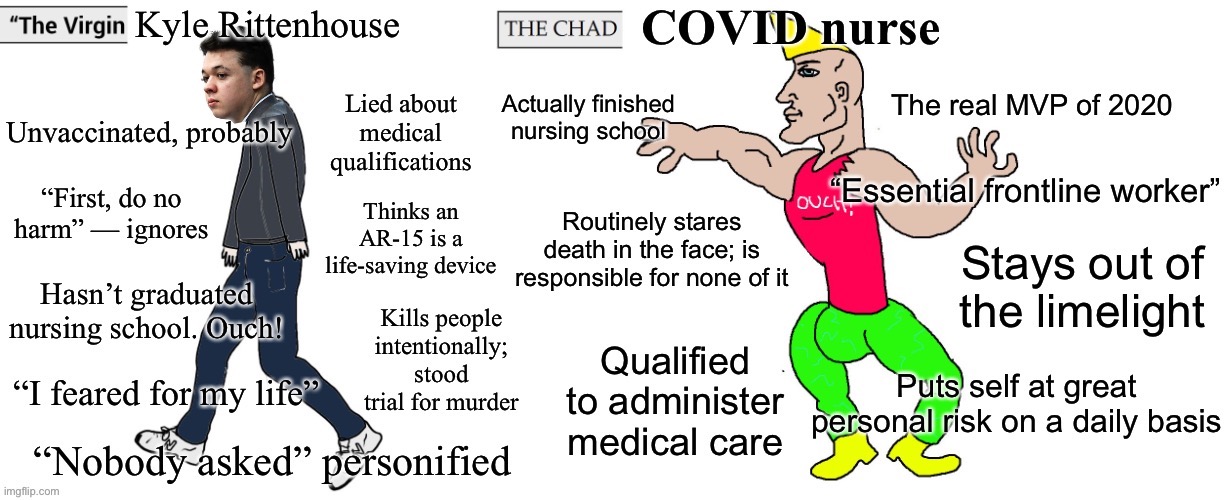 Who we choose to make “hero” says a lot. | image tagged in kyle rittenhouse vs covid nurse | made w/ Imgflip meme maker