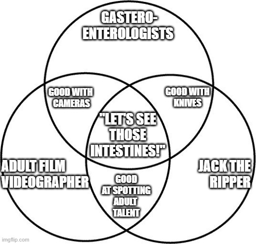 two doctors walk into a bard | GASTERO-
ENTEROLOGISTS; GOOD WITH
KNIVES; GOOD WITH
 CAMERAS; ADULT FILM
VIDEOGRAPHER; "LET'S SEE
THOSE
INTESTINES!"; JACK THE
RIPPER; GOOD AT SPOTTING ADULT 
TALENT | image tagged in venn diagram | made w/ Imgflip meme maker