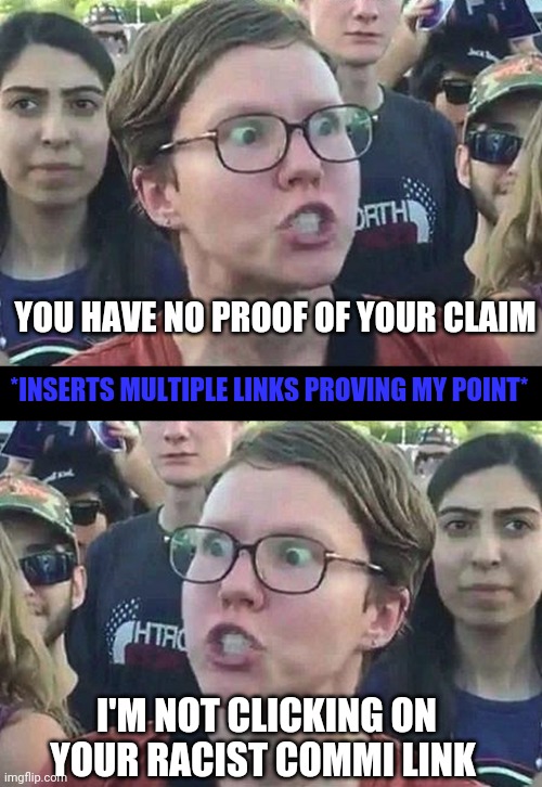 Won't do own research, won't click on links... | YOU HAVE NO PROOF OF YOUR CLAIM; *INSERTS MULTIPLE LINKS PROVING MY POINT*; I'M NOT CLICKING ON YOUR RACIST COMMI LINK | image tagged in triggered liberal | made w/ Imgflip meme maker