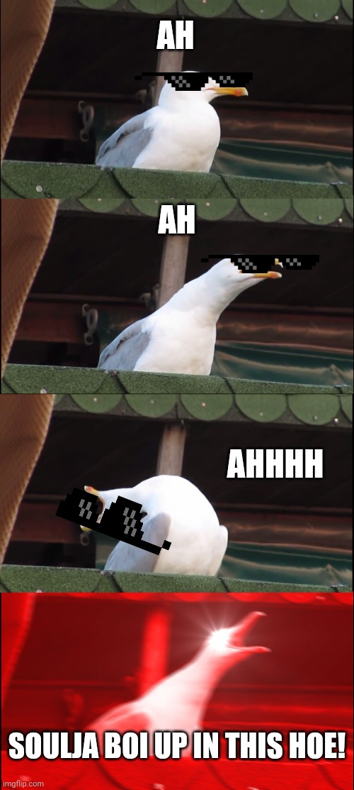 Inhaling Seagull | AH; AH; AHHHH; SOULJA BOI UP IN THIS HOE! | image tagged in memes,inhaling seagull | made w/ Imgflip meme maker