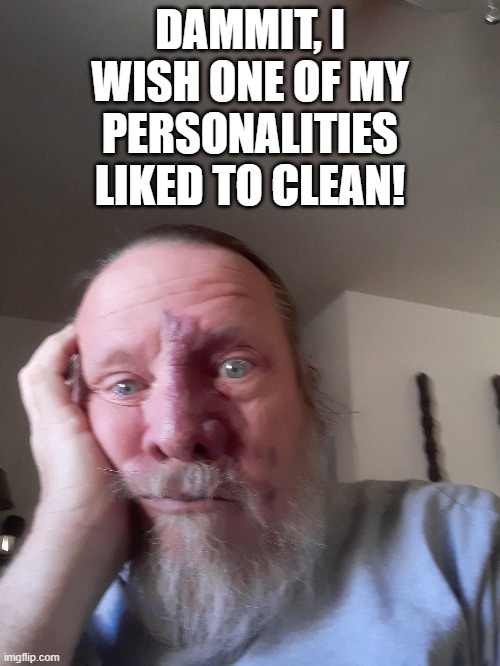 personalities | DAMMIT, I WISH ONE OF MY PERSONALITIES LIKED TO CLEAN! | image tagged in personalities,cleaning | made w/ Imgflip meme maker