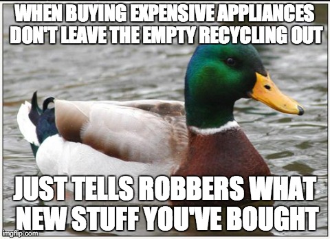 Actual Advice Mallard Meme | WHEN BUYING EXPENSIVE APPLIANCES DON'T LEAVE THE EMPTY RECYCLING OUT JUST TELLS ROBBERS WHAT NEW STUFF YOU'VE BOUGHT | image tagged in memes,actual advice mallard,AdviceAnimals | made w/ Imgflip meme maker