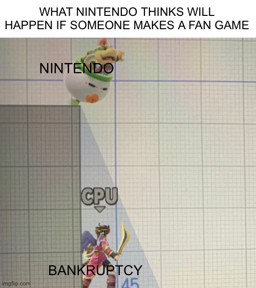 WHAT NINTENDO THINKS WILL HAPPEN IF SOMEONE MAKES A FAN GAME; NINTENDO; BANKRUPTCY | made w/ Imgflip meme maker