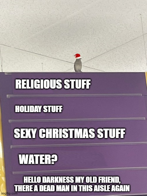 *Shrugs* | RELIGIOUS STUFF; HOLIDAY STUFF; SEXY CHRISTMAS STUFF; WATER? HELLO DARKNESS MY OLD FRIEND, THERE A DEAD MAN IN THIS AISLE AGAIN | image tagged in bird on grocery sign | made w/ Imgflip meme maker