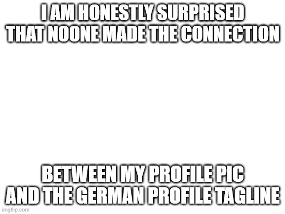 ayo? | I AM HONESTLY SURPRISED THAT NOONE MADE THE CONNECTION; BETWEEN MY PROFILE PIC AND THE GERMAN PROFILE TAGLINE | image tagged in blank white template | made w/ Imgflip meme maker
