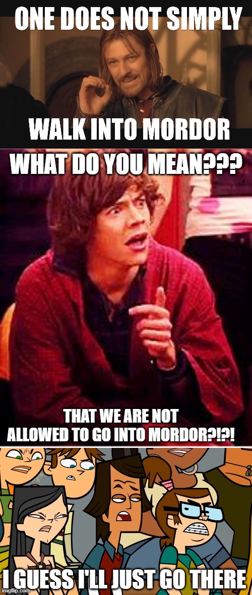 Harry asks the contestants | WHAT DO YOU MEAN??? THAT WE ARE NOT ALLOWED TO GO INTO MORDOR?!?! I GUESS I'LL JUST GO THERE | image tagged in shocked one direction,one does not simply | made w/ Imgflip meme maker
