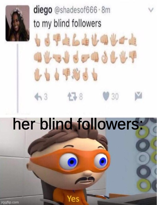 if she even has any | her blind followers: | image tagged in blank white template,protegent yes,funny,dumb | made w/ Imgflip meme maker