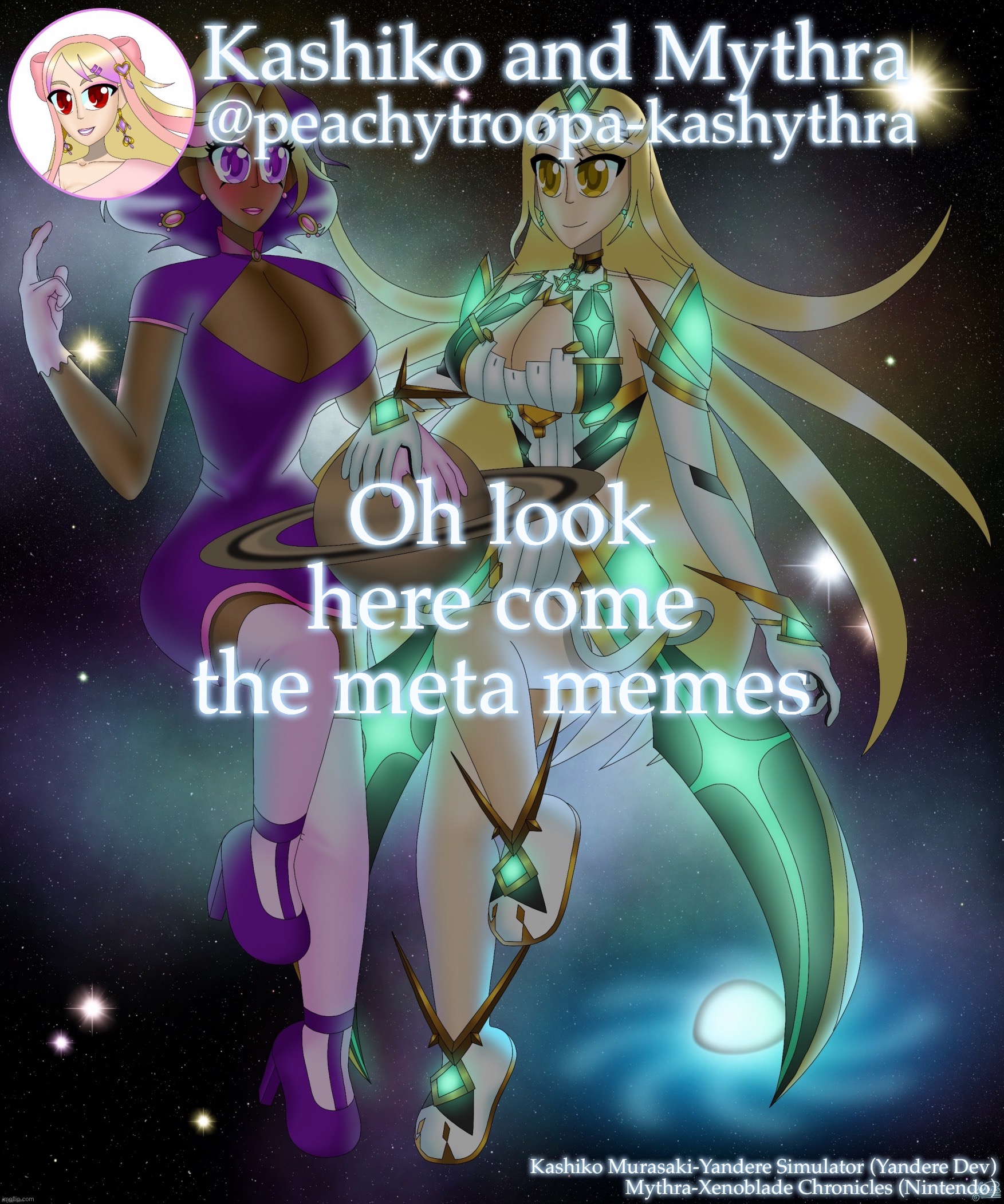 Kashiko Murasaki and Mythra | Oh look here come the meta memes | image tagged in kashiko murasaki and mythra | made w/ Imgflip meme maker