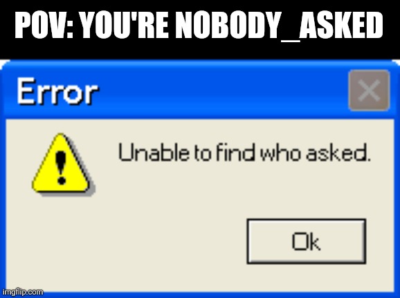 Error Unable to find who asked | POV: YOU'RE NOBODY_ASKED | image tagged in error unable to find who asked | made w/ Imgflip meme maker