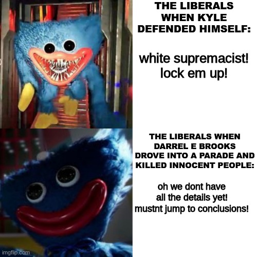 liberals are the the freaking bane of this country | THE LIBERALS WHEN KYLE DEFENDED HIMSELF:; white supremacist! lock em up! THE LIBERALS WHEN DARREL E BROOKS DROVE INTO A PARADE AND KILLED INNOCENT PEOPLE:; oh we dont have all the details yet! mustnt jump to conclusions! | image tagged in drake hotline bling poppy playtime,political,kyle rittenhouse,darrel e brooks,white supremacy | made w/ Imgflip meme maker